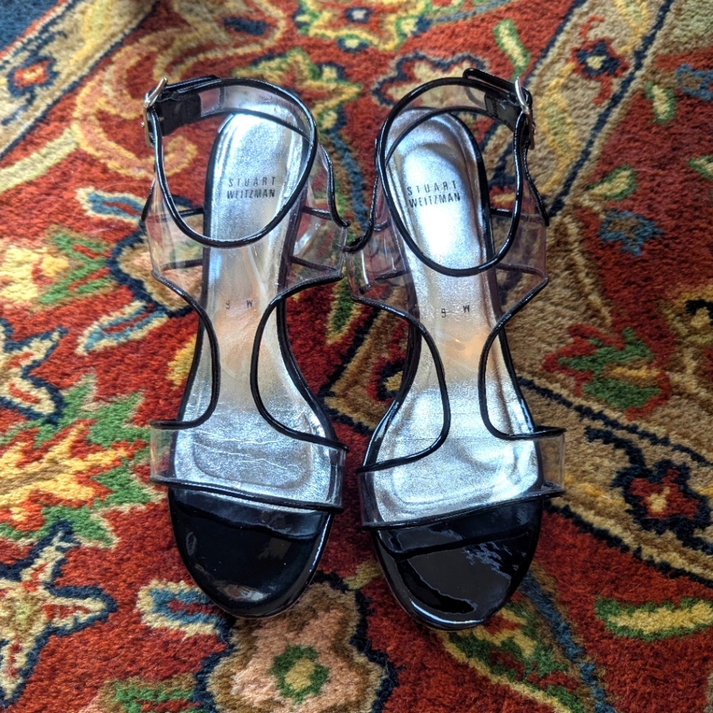Stuart Weitzman lucite heels clear jelly sandals black patent leather retro